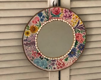 Hand painted upcycled Cottagecore decor, watercolor bohemian mirror, shabby chic, holiday wall decor gifts, hand made wooden body, pretty