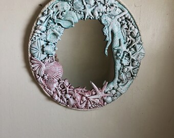 Beautiful mermaid mirror, handmade coastal beach mirror, artisan clay figures, mermaid nautical gift, statement shell mirror, wall art