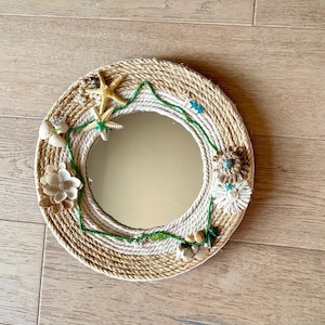 Round coastal rustic rope decorative nautical mirror, seashell starfish sea flowers wall decor, beach cottage core statement unique wall art
