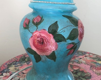 Shabby chic table lamp, decorative custom boho lamp, floral cottage chic, blue gypsy lamp, hand painted and re cycled, pink roses decor