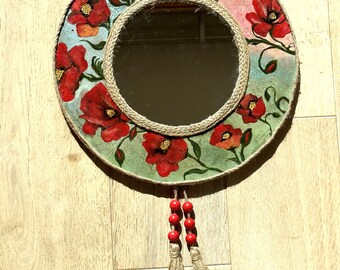 Round decorative poppy wall mirror, statement wall decor, cottagecore flower mirror, boho eclectic one of a kind wall mirror, hand painted