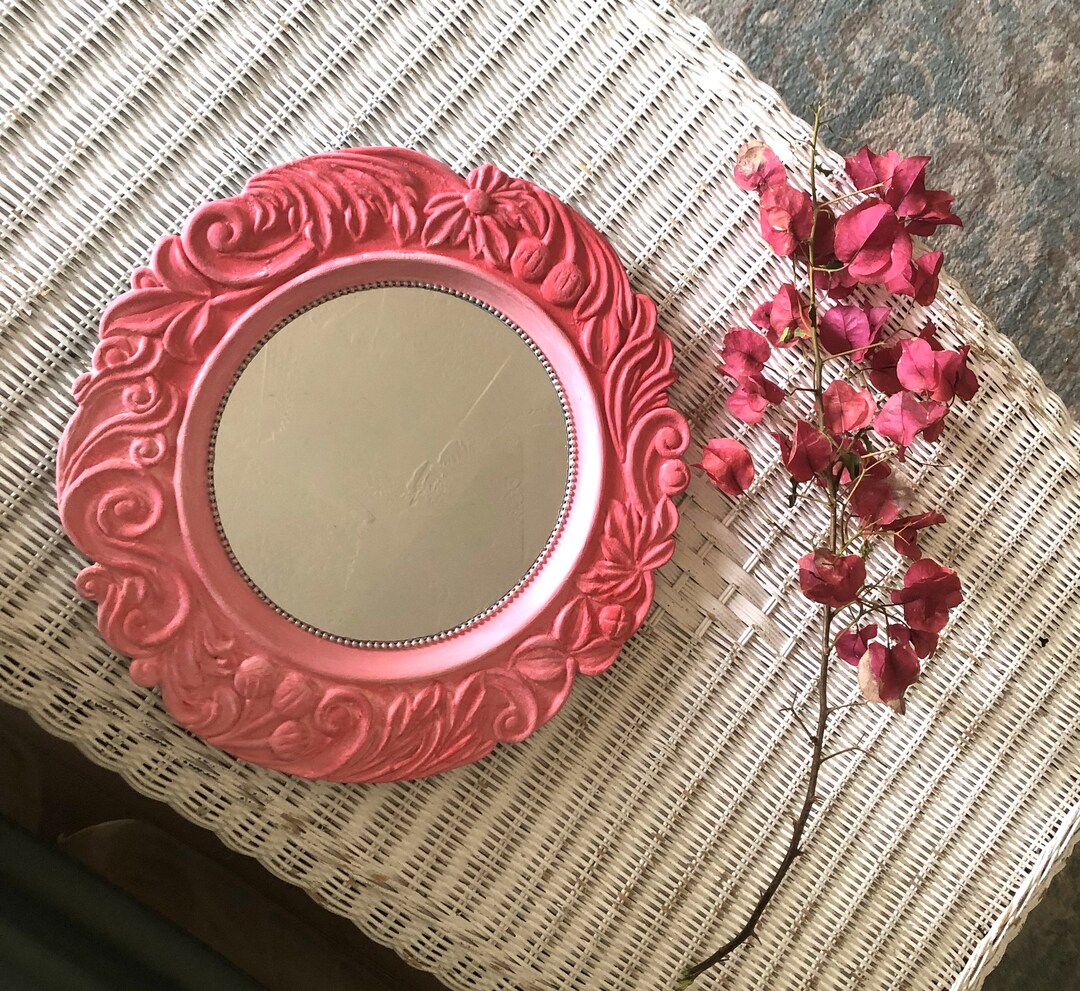 Hot Pink Mirror Wall Decor, Decorative Round Baroque Style Mirror