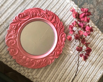 Hot Pink mirror wall decor, decorative round baroque style mirror, house warming gift, boho chic bedroom mirror, upcycled wall art