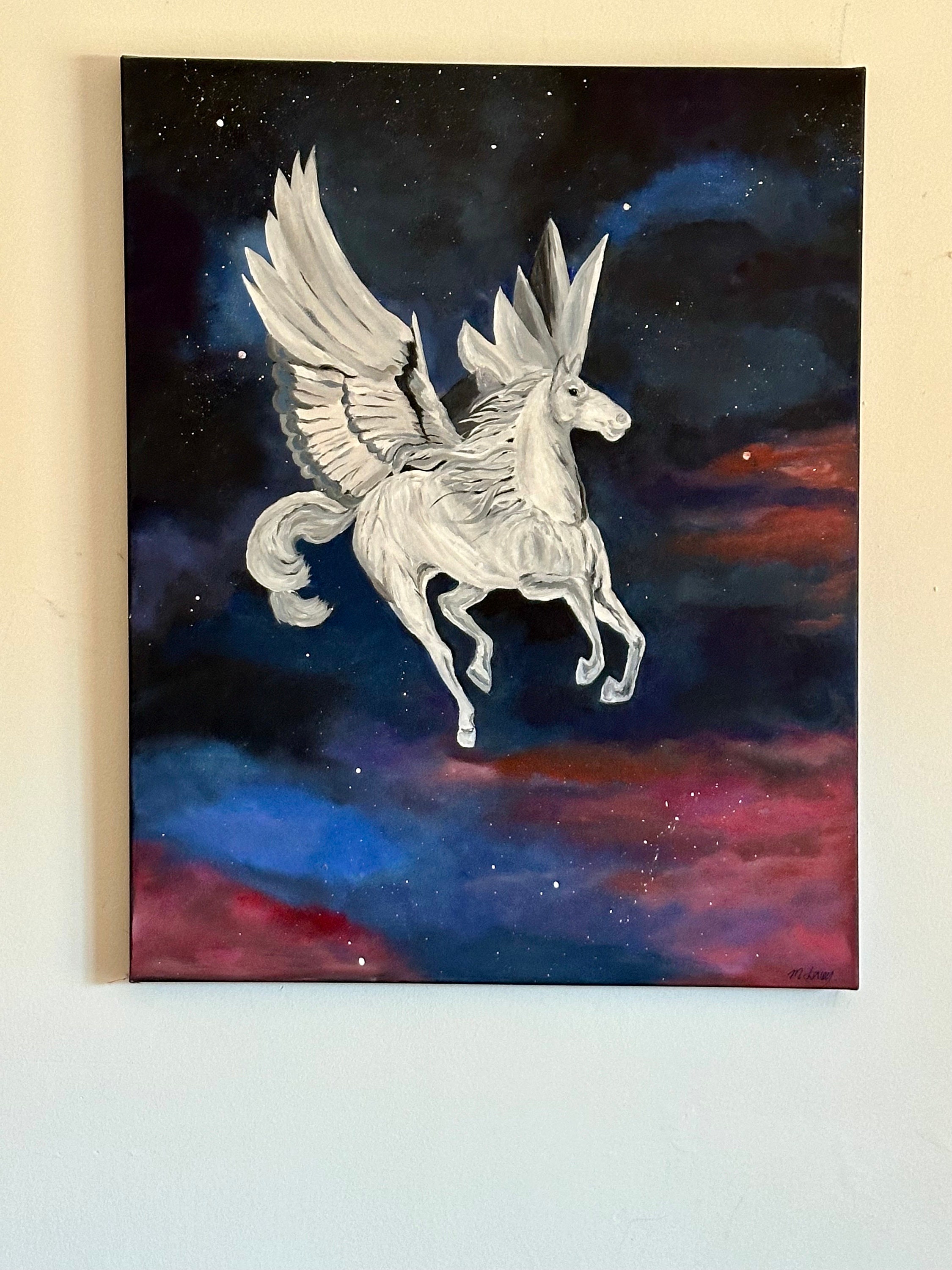 Pegasus Painting: Original Abstract Realism, Winged Horse Art (20x30 ...
