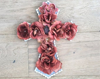 Decorative wall cross, Christian gift, religious home decor, nursery floral wall cross, shabby chic cross, crucifix decor, cute flower cross