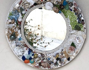 Coastal home decor, seashell seaglass decorative mirror, beachcomber seashore decor, nautical maritime mirror, sea shell accent mirror