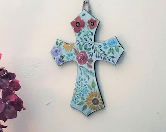 Wall cross for decor, religious gift, wall hanging floral cross, decorative cross, hand painted cross, flower crucifix, bohemian cross