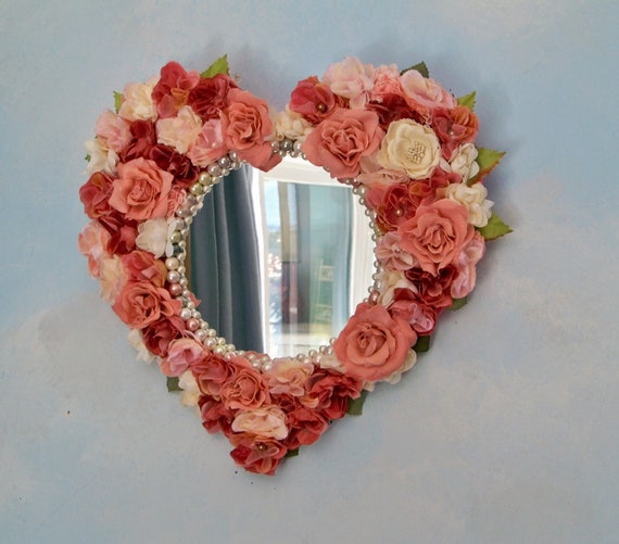 Sale Shabby Chic Floral Decorative Mirror Heart Decor Romantic Wall Art Pretty Bohemian Bedroom Gift For Her Pink Floral Frame Girly