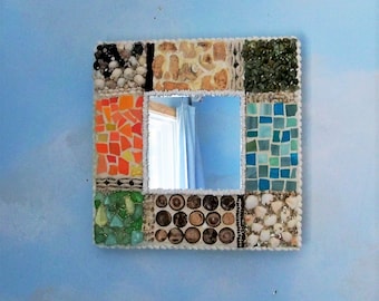 Vierkante mozaïekspiegel, frame van schelpkiezelglas, rustiek badkamerdecor