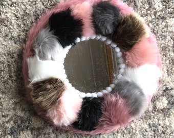 SALE POM POM faux fur mirror, teenage girl room decor, fun fur wall decor,  round mirror, dorm room mirror, girl gifts  fluffy mirror