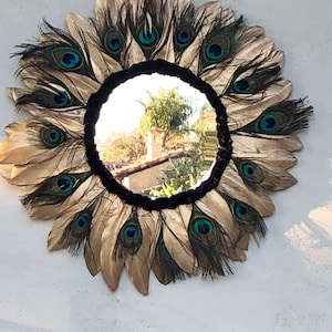 Large statement feather mirror, decorative round wall mirror, eclectic bohemian hippie, peacock feather decor, custom feather mirror