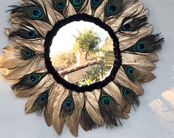 Large statement feather mirror, decorative round wall mirror, eclectic bohemian hippie, peacock feather decor, custom feather mirror