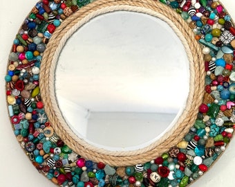 Round boho chic decorative mirror, hand made upcycled bohemian wall decor, functional art, gypsy chic wall mirror, boho gift, handcrafted