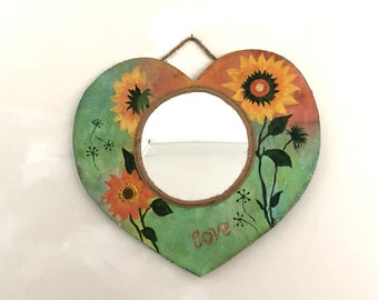 Valentine heart mirror for wall, heart decor gift for her, sunflower farmhouse decor, mixed media hand painted decor, rustic small wall art