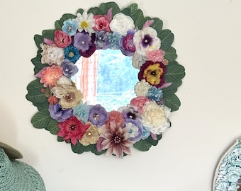 Bohemian floral wreath wall mirror,  cottage flower mirror, flower lover gift, cottagecore wall art, large round bedroom mirror, shabby chic