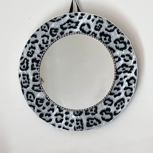 Snow Leopard print small round mirror, African animal home wall decor, wildlife black white mirror, hand made custom gift,  Leopard fabric
