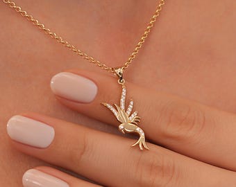 14k Gold Flying Bird Necklace • Crystal Charm, Dainty Animal Jewelry