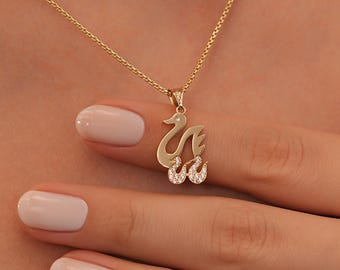 14k Solid Gold Swan Pendant Necklace • Crystal Accent, Elegant Jewelry