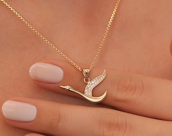 14k Solid Gold Bird Pendant Necklace • Crystal Swan Charm