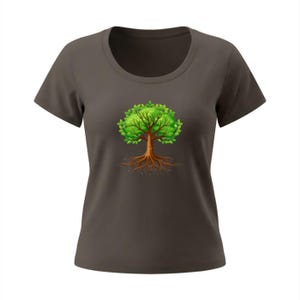 May include: A dark gray t-shirt featuring a detailed illustration of a tree. The tree has a brown trunk and roots, with vibrant green leaves. The design is centered on the front of the shirt, creating a nature-inspired aesthetic.