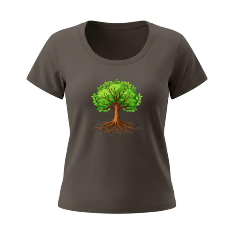 May include: A dark gray t-shirt featuring a detailed illustration of a tree. The tree has a brown trunk and roots, with vibrant green leaves. The design is centered on the front of the shirt, creating a nature-inspired aesthetic.