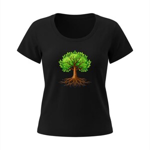 May include: Black t-shirt featuring a vibrant illustration of a tree with green leaves, a brown trunk, and roots. The tree graphic is centered on the front of the shirt. The shirt has a round neckline and short sleeves.