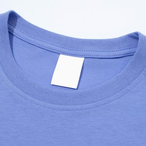 May include: Close-up of a periwinkle blue t-shirt with a crew neck and a blank white tag at the neckline. The fabric has a smooth texture, and the stitching is visible along the collar.