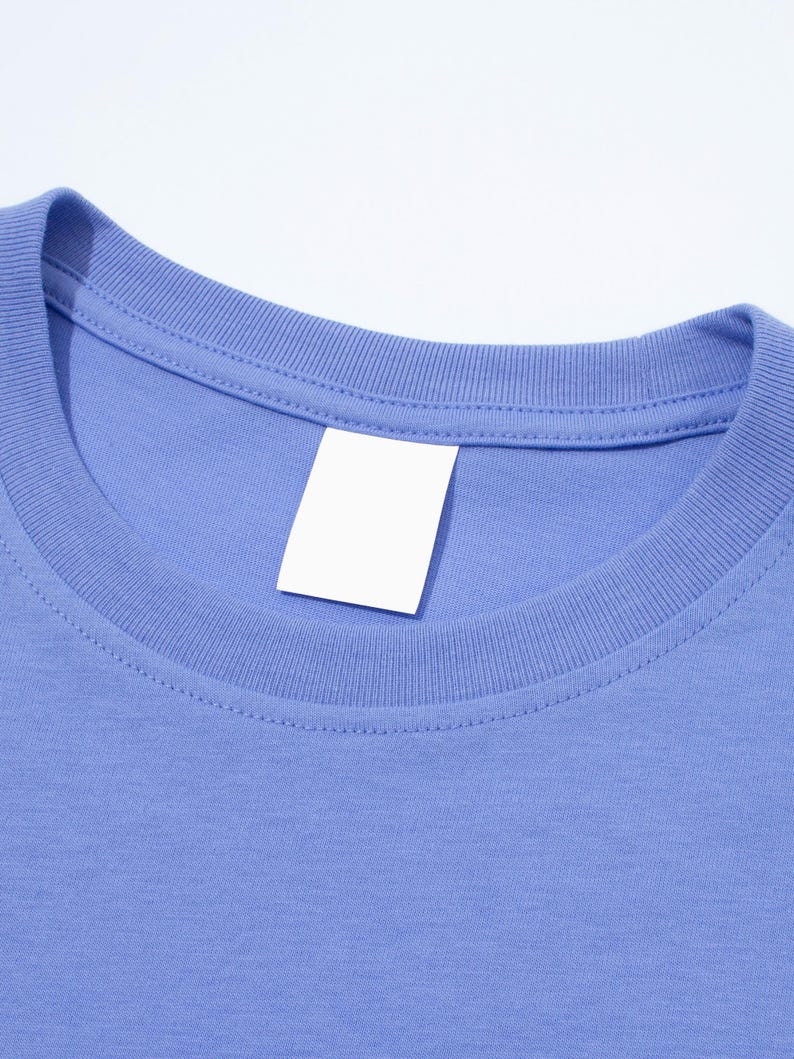 May include: Close-up of a periwinkle blue t-shirt with a crew neck and a blank white tag at the neckline. The fabric has a smooth texture, and the stitching is visible along the collar.