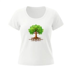 May include: White t-shirt featuring a colorful illustration of a tree. The tree has a brown trunk and roots, with green leaves. The shirt has a round neckline and short sleeves. The design is centered on the front of the shirt.