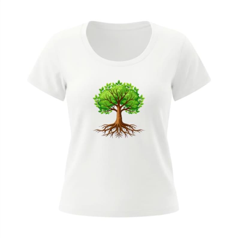 May include: White t-shirt featuring a colorful illustration of a tree. The tree has a brown trunk and roots, with green leaves. The shirt has a round neckline and short sleeves. The design is centered on the front of the shirt.