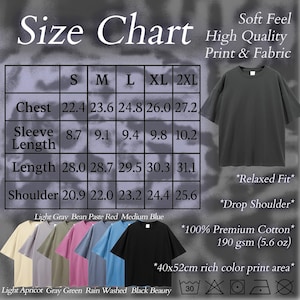 A size chart graphic with measurements for sizes S to 2XL, alongside small color swatches and garment details.