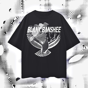 May include: Black t-shirt with a white graphic design of a dove flying with the text "BLANK BANSHEE" above it.