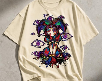 Pomni TADC Abstraktion Lose Drop Schulter T-Shirt, Unisex Casual Baumwoll Top, Glitchcore Grafik