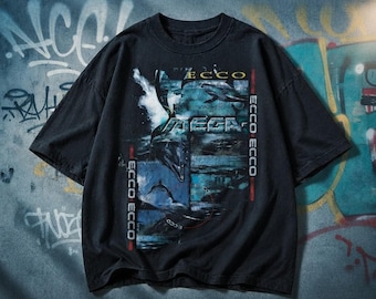 Ecco Dolphin Tee, Black 100% Cotton 90s Gaming Shirt
