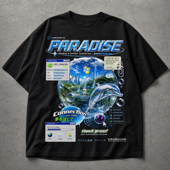 Y2K Frutiger Aero Shirt, Oversized 2000s Webcore Cybergraphic Streetwear, Glitchcore Dreamcore Retro Graphic Tee