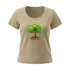 May include: A tan-colored t-shirt featuring a detailed illustration of a tree. The tree has a brown trunk and roots, with vibrant green leaves. The design is centered on the front of the shirt, creating a nature-inspired aesthetic.