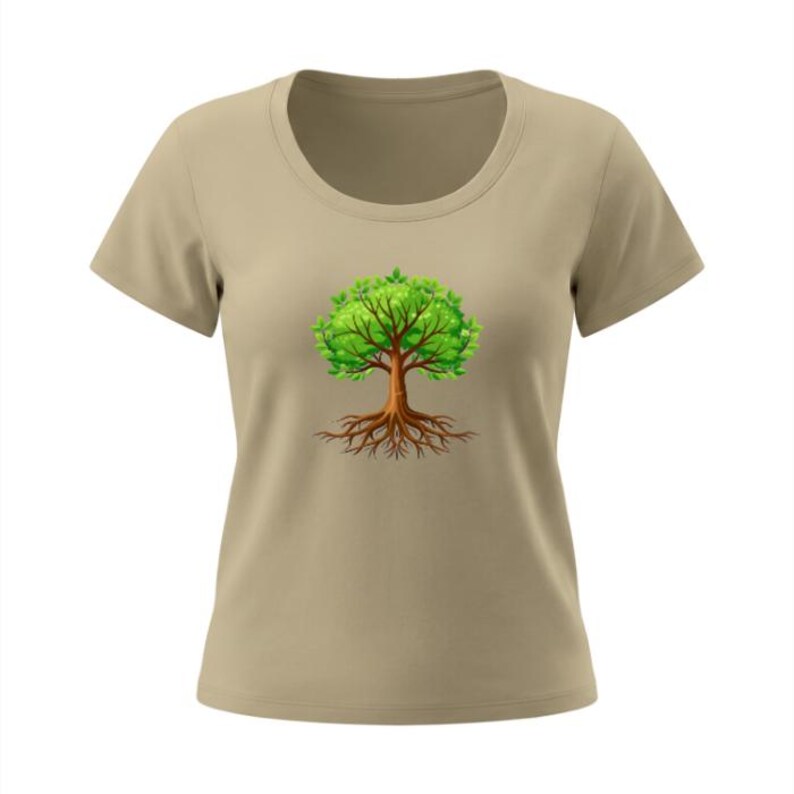 May include: A tan-colored t-shirt featuring a detailed illustration of a tree. The tree has a brown trunk and roots, with vibrant green leaves. The design is centered on the front of the shirt, creating a nature-inspired aesthetic.