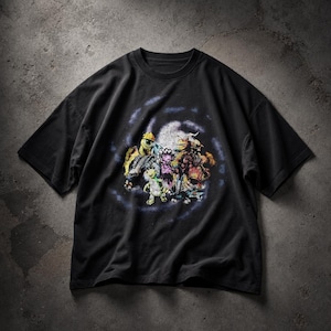 May include: A black short-sleeve t-shirt featuring a central graphic print of a group of colorful, stylized monster characters arranged in a circular formation against a swirling, nebulous blue and white background pattern.