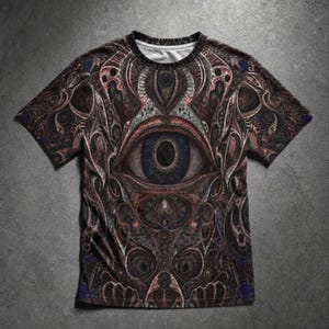 以下が含まれることがあります： 詳細な全面プリントの半袖Tシャツ。中央に大きな目があり、茶色、赤、青の色合いの複雑な抽象的なパターンで囲まれています。シャツはクルーネックで、レギュラーフィットです。