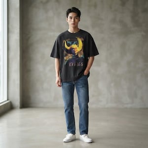 Full-body view of a model wearing the relaxed fit Hylics t-shirt.