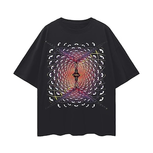 A black short-sleeve t-shirt with a complex psychedelic geometric graphic featuring repeating eyes in the center.