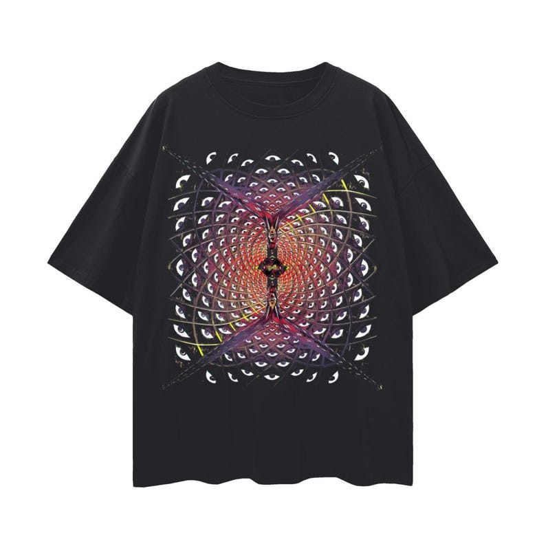 A black short-sleeve t-shirt with a complex psychedelic geometric graphic featuring repeating eyes in the center.