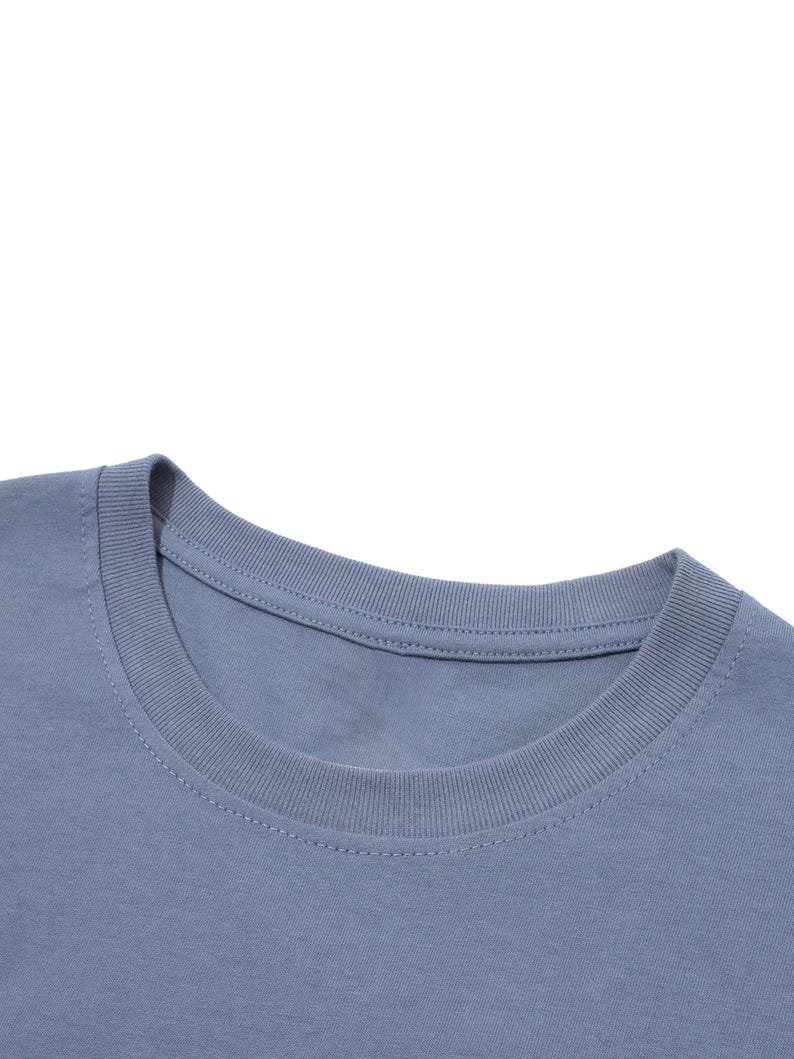 May include: A solid dusty blue t-shirt featuring a classic crew neckline with a ribbed collar. The garment is constructed from a smooth, plain fabric with visible stitching along the neckline and shoulder seams, showcasing a simple design.