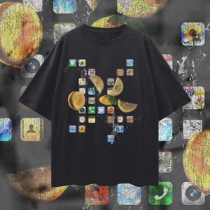 iPod Classic Icons T-Shirt – Oversized Y2K Fruit Splash Aesthetic Tee, 100% Cotton Unisex Loose Fit, Retro Tech Vibe, High-Quality Print