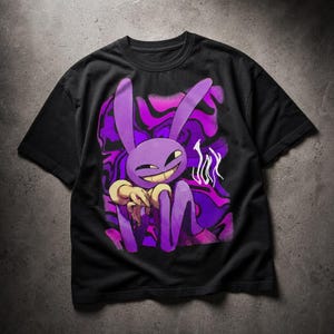 Maglietta Jax TADC, t-shirt oversize nera in cotone con grafica di un coniglietto viola
