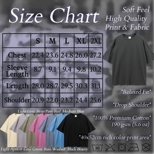 May include: A size chart for a t-shirt with measurements in inches for chest, sleeve length, length, and shoulder. The image also shows a dark gray t-shirt and a color palette of available shirts, including light apricot, gray, green, and black.