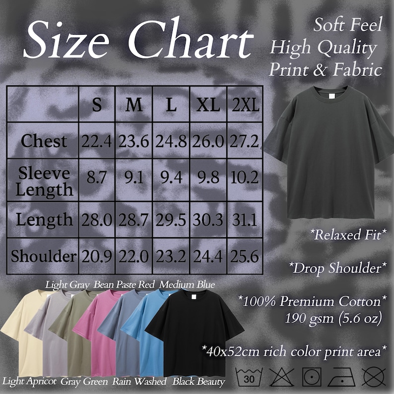 May include: A size chart for a t-shirt with measurements in inches for chest, sleeve length, length, and shoulder. The image also shows a dark gray t-shirt and a color palette of available shirts, including light apricot, gray, green, and black.