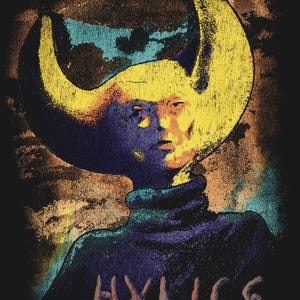 Close-up digital graphic of the shirt design showing a textured illustration of a figure with a crescent-moon shaped head and the word Hylics below.