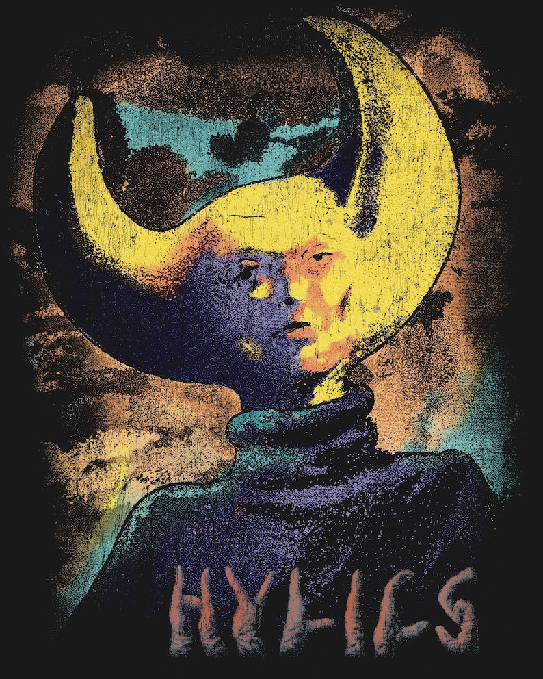 Close-up digital graphic of the shirt design showing a textured illustration of a figure with a crescent-moon shaped head and the word Hylics below.