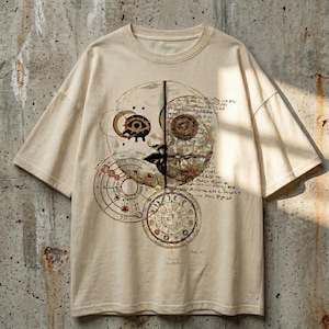 May include: Beige t-shirt with a detailed graphic design. The design features a split face, celestial elements, and circular diagrams. The shirt has short sleeves and a crew neck.
